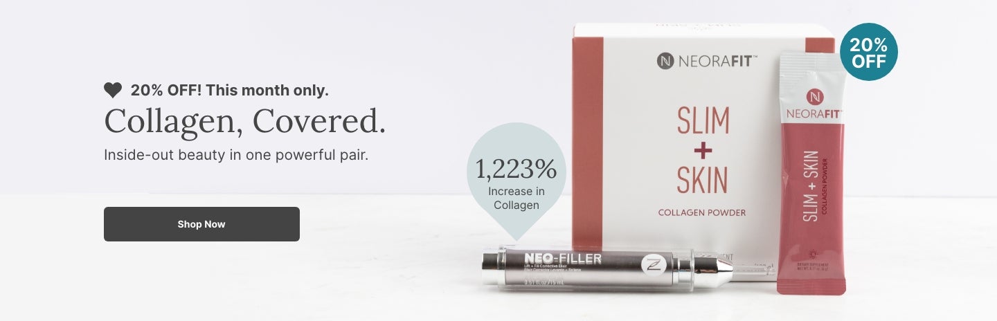 A promotional banner for a combo of Neora’s Neo-FILLER and NeoraFit Slim + Skin. Featured is text reading ”20% OFF this month only.” and a “Shop Now” button underneath it.